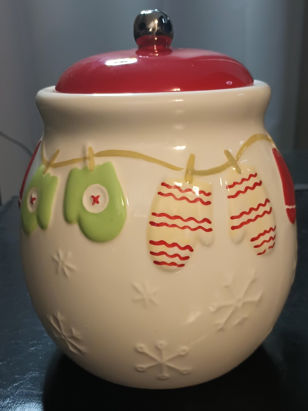 Hallmark Ceramic Holiday Cookie Jar with Red Lid and Mittens